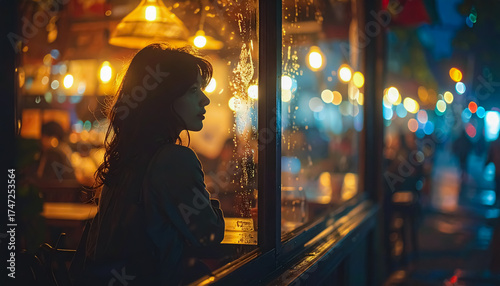 A Woman Gazing Through a Rain-Streaked Café Window under Ambient City Lights on a Quiet Evening