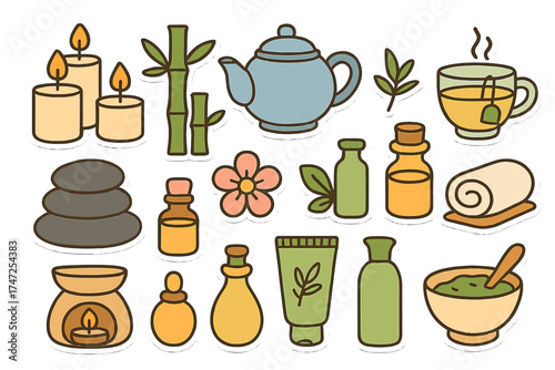 Spa salon sticker set vector collection. Cute cartoon elements for beauty and wellness. Bundle of candles, kettle, tea, bamboo, hot stones, cosmetics, towel, aromatherapy icons.