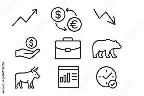 Stock market trading line icon set. Finance, investment, and currency exchange symbols. Includes bull, bear, growth and decline charts, and business portfolio pictogram.