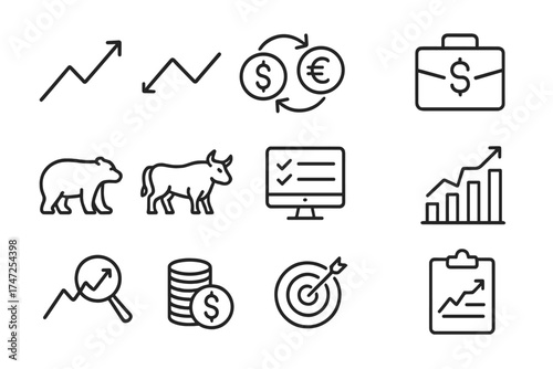 Stock market thin line icons set. Finance, trading, investment concepts. Pictograms of bull, bear, growth chart, portfolio, currency exchange, analysis for web and apps.