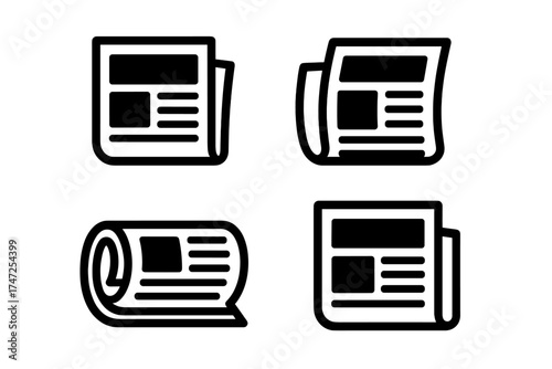 Newspaper icon set. News, media, and journalism concept. Press and publication vector symbols. Daily report, article, and headline graphic elements for web or app design.