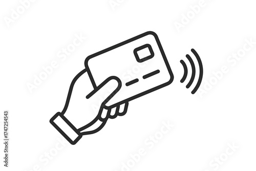Hand holding credit card for contactless payment. Tap to pay concept with NFC technology. Wireless transaction and purchase icon. Financial and banking vector illustration symbol.