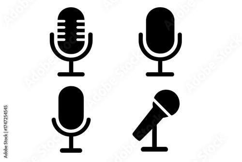 Microphone vector icon set for podcast, voice, and sound recording. Audio mic silhouette symbols for radio, studio, broadcast, web, and interview. Music logo collection.