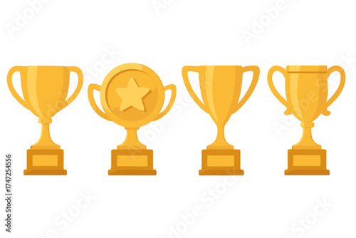 Golden trophy cup set. Flat icon collection. Winner prize for championship. Gold award for victory and success. First place achievement symbol. Vector illustration isolated.