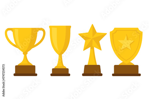 Golden trophy cup collection vector icon set. Winner prize achievement award symbols. Gold star and shield for first place victory. Championship competition success concept flat design.