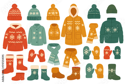 Warm winter clothes mega set with snowflake ornaments. Flat design bundle of cozy coats, jackets, mittens, hats, scarves, and boots for cold weather illustration.