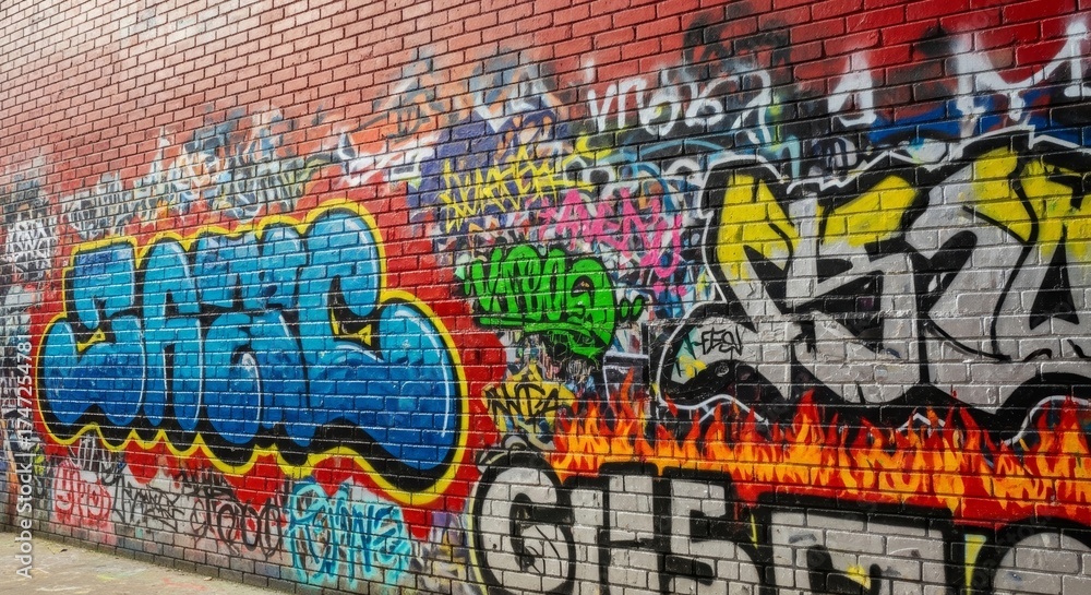 Obraz premium Urban street art on brick wall featuring colorful graffiti design