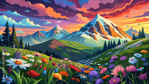 Very beautiful blooming wildflowers covering a mountain slope beneath a dramatic sky, vector-style illustration emphasizing vibrant colors, natural textures, and the majestic, serene atmosphere of alp