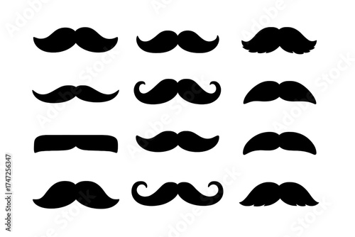 Set of black mustaches silhouettes vector illustration. Man facial hair moustache icon collection. Hipster, retro, classic, gentleman, barber style. Movember symbol isolated.