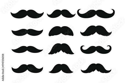 A set of mustaches vector collection. Black silhouette icon pack of man's facial hair. Various types of moustaches. Hipster, retro, classic gentleman style for barbershop.