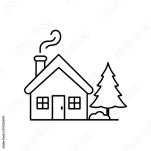 Simple house with a pine tree
