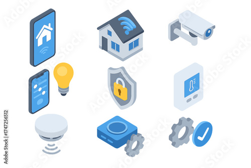 Smart Home 3D isometric icons vector set. Remote monitoring, home automation, security system, electronic control, smart settings for IoT and connected technology concept.