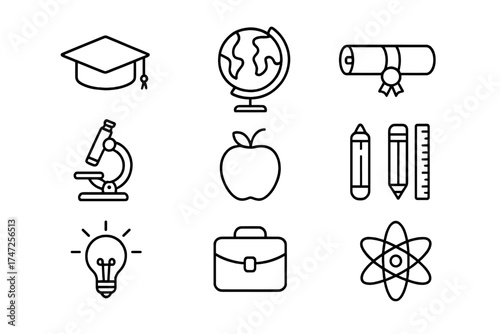 Education and science line icon set. School, university, and learning symbols for web and app design. Vector graphic includes graduation cap, globe, diploma, microscope, and atom.