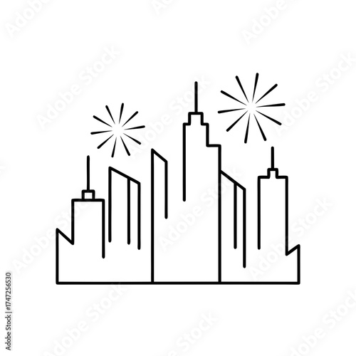 City skyline with fireworks up
