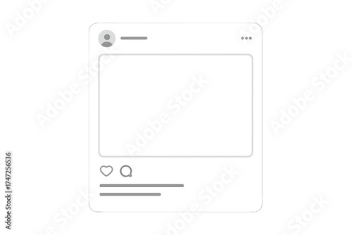 Social media post template vector. Instagram feed photo frame mockup. Clean UI for mobile app with avatar, like, comment icons. Editable social network interface for design.