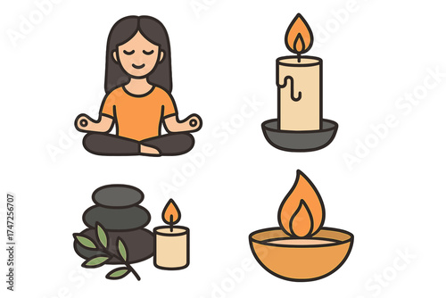 Spa and wellness vector icon set. Meditation yoga pose, hot stone massage, aromatherapy candle flame. Symbol collection for relaxation, harmony, zen, and mindfulness concepts.
