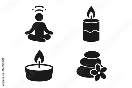 Spa and relaxation vector icon set. Meditation, yoga lotus pose, zen stones, burning candle. Wellness, harmony, balance, and mindfulness concept symbols. Black silhouette.