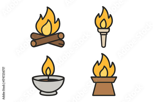 Vector icon set of fire sources. Includes campfire, olympic style torch, ancient oil lamp, and cresset. Concepts for ceremony, ritual, warmth, energy, survival, and light.