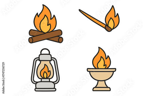 Fire and light source vector icon set. Collection includes campfire, matchstick, oil lantern, and ceremonial torch. Concepts of flame, heat, burning, camping, and survival.