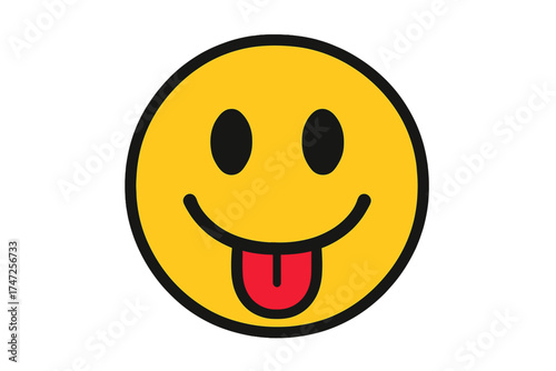 Smiley face with tongue out emoji. Funny yellow emoticon showing tongue. Playful silly cheeky character expression. Cute comic cartoon vector icon. Graphic element for chat apps.