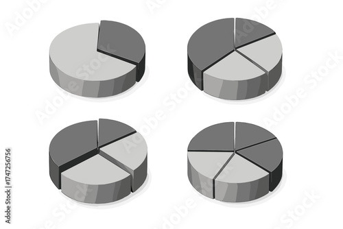 3D pie chart set for business data visualization. Isometric infographic elements for report and presentation. Market share, statistics, and analytics percentage diagram vector.
