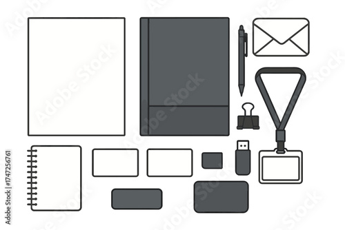Corporate identity branding mockup set. Office supplies vector illustration. Blank stationery template kit flat lay. Business brand design elements from top view concept.