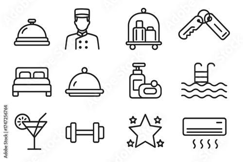 Hotel services thin line icon set. Vector symbols of hospitality industry, accommodation and travel. Includes bellhop, room service, pool, gym, bar, and booking pictogram.