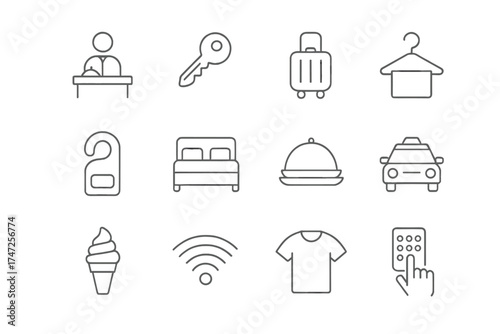 Hotel services line icon set. Vector symbols for hospitality industry, travel, tourism, accommodation. Pictograms for reception, key, luggage, wifi, room service, taxi, bed.