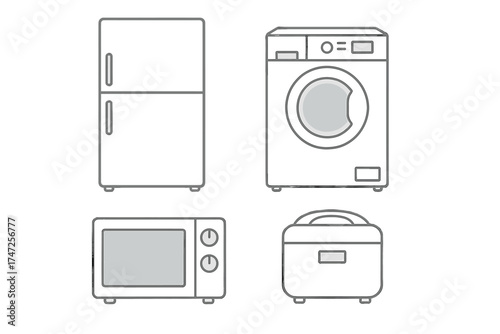 Home appliances vector icon set. Refrigerator, washing machine, microwave, rice cooker. Kitchen and laundry equipment illustration. Minimalist line art graphic for modern household concepts.