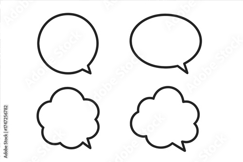 Speech bubble vector set. Chat talk balloon line icon collection. Dialogue message box. Empty blank comic cartoon text frame. Thinking cloud symbol. Social media communication.
