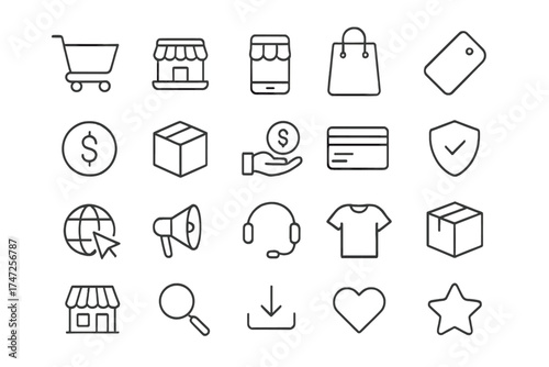 Online shopping & e-commerce thin line icon set. Web store & retail symbols. Digital marketing, mobile payment, delivery, customer support concept. Vector UI UX elements.