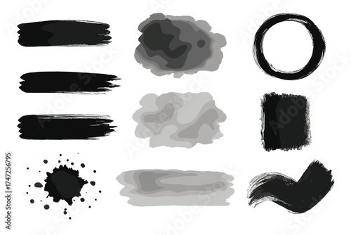 Black ink brush stroke and watercolor paint texture collection. Set of isolated grunge design elements. Abstract artistic splash, splatter, circle and line shapes for design.