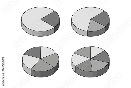 Set of 3D pie charts in monochrome. Isometric vector illustration for business data visualization. Infographic elements for statistics, reports, analytics, and presentations.