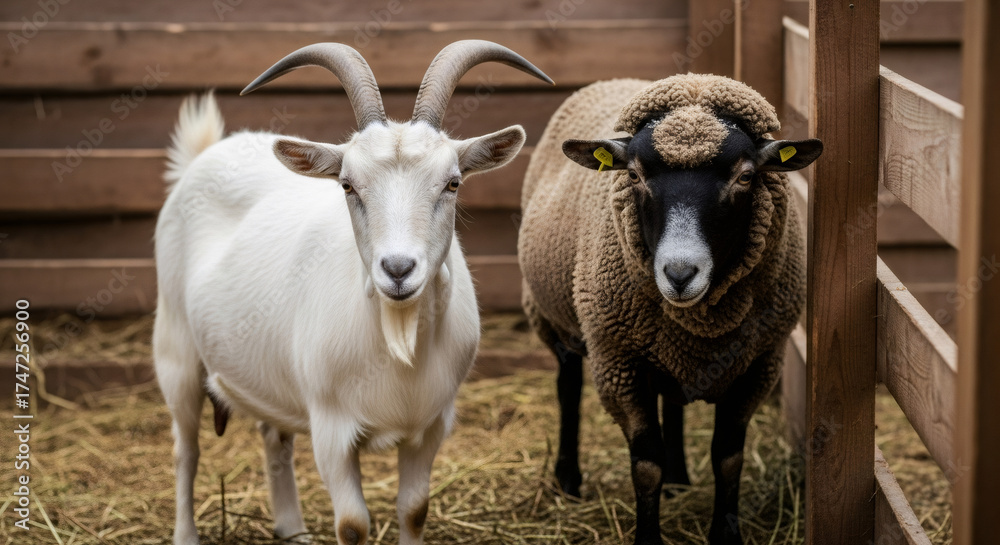 Obraz premium A white goat and a brown sheep stand together in a wooden farm pen. Portrait of two domestic livestock animals. Agriculture and animal husbandry concept