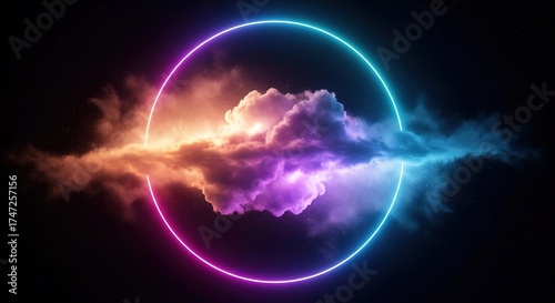 Vibrant Neon Circle Encircling Dreamy Clouds Dark Background Artistic Rendering.