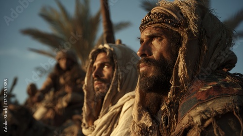 Esau and Jacob journey through ancient desert, one rugged in leather, the other soft in linen.