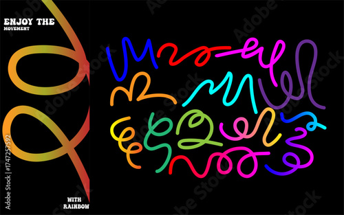 Shapes of abstract color lines.  Pattern of 3D Gradient Waves on a Black Background.  Rainbow Ribbons with a Vector Swirl.  Design of Fluid Graphics Elements