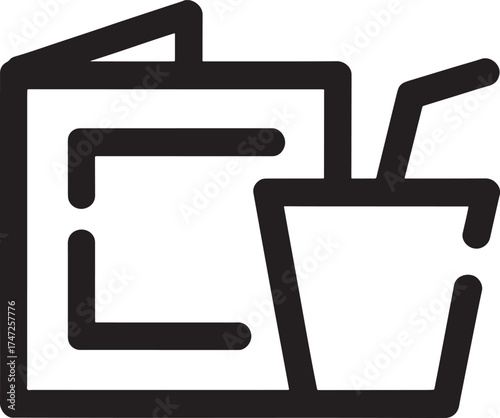 Black outline of a shopping bag and cup with straw on white background drink beverage