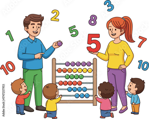 Children learning numbers with teachers and abacus, colorful counting activity, early math education, interactive classroom, playful illustration