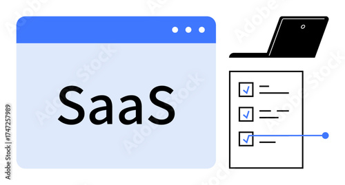 SaaS application in web browser, checklist with completed tasks, and laptop symbolizing remote work. Ideal for software, productivity, cloud computing, task management, business solutions, workflow