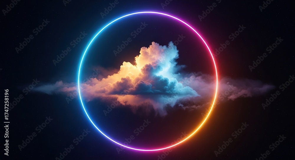 Obraz premium Ethereal Cloud Formation Encased in a Vibrant Neon Gradient Ring Against a Dark Cosmic Backdrop.