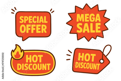 Special offer, mega sale, and hot discount labels set. Vector promotion tag collection. Red cartoon sticker pack for retail advertising, marketing clearance, and price badges.