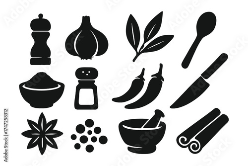 Cooking spices and kitchen utensils icon set. Vector silhouette collection of food seasoning and herbs like garlic, chili pepper, salt, cinnamon, and star anise for recipes.