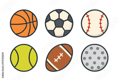 Sports balls icon set. Minimal flat cartoon vector. Basketball, soccer, baseball, tennis, American football, golf ball. Sport equipment for game, competition and activity.