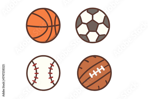 Sports balls minimal flat icon set. Cartoon vector of basketball, soccer, baseball, American football. Ordered collection for sport, game design, fitness concepts. Team sports equipment.