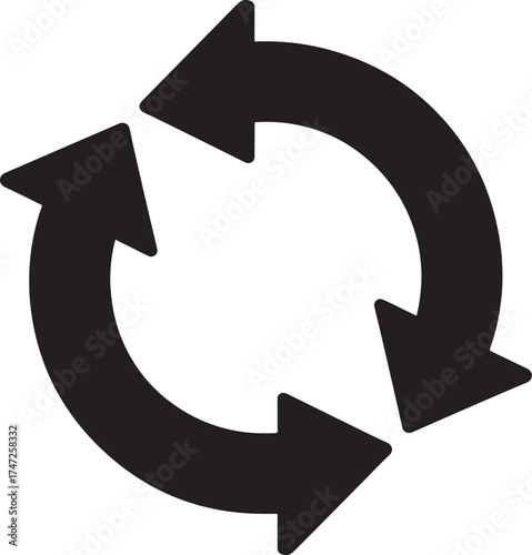 Circular arrow refresh or recycle icon in black and white repeat loop