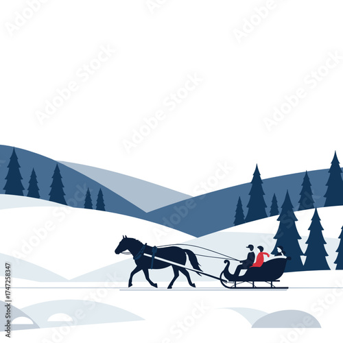 Winter sleigh ride with horse and two people in snowy landscape  
