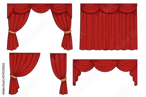 Realistic vector cartoon theatre curtains set with transparent background, classic red stage curtain frames and drapes, theatrical decor, ordered collection for stage design