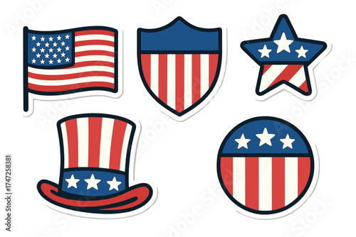 USA sticker pack. American badge set. Patriotic symbols for 4th of July. National flag, shield, star, uncle sam hat. Independence Day celebration cartoon vector icons.