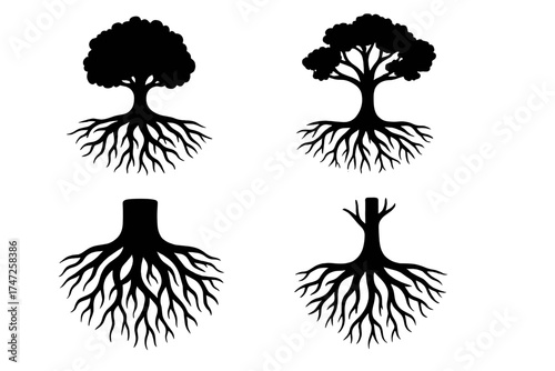 Tree root silhouette vector icon set. Black tree with underground root system and cut tree stump. Concept of growth, nature, ecology, foundation, life and death cycle.